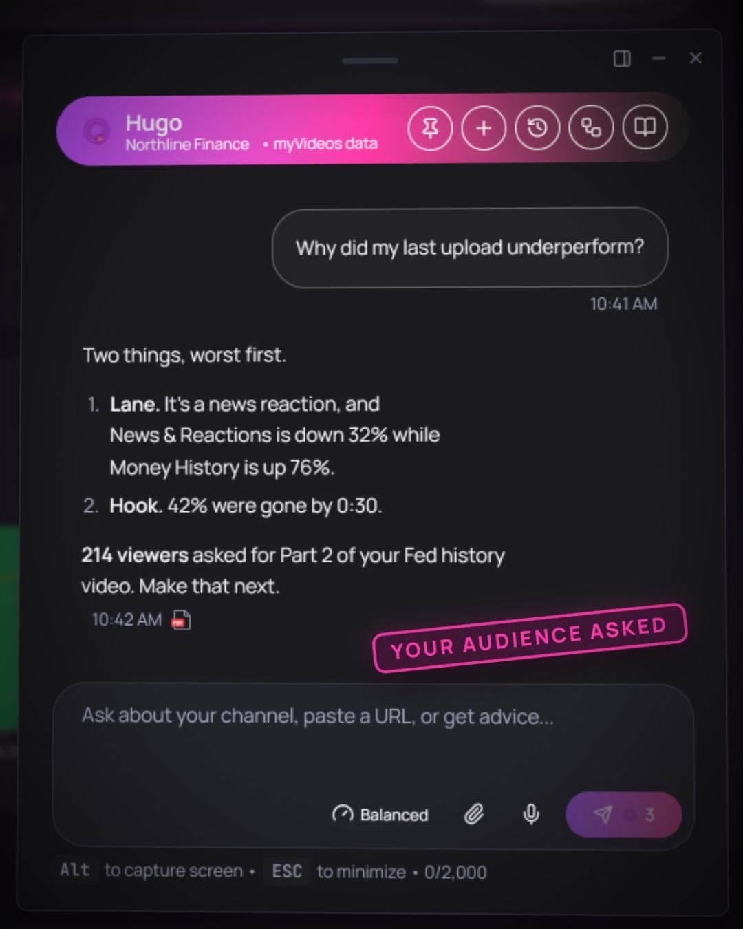 Hugo answers “Why did my last upload underperform?”: a lane down 32%, 42% of viewers gone by 0:30, and 214 viewers asking for a Part 2
