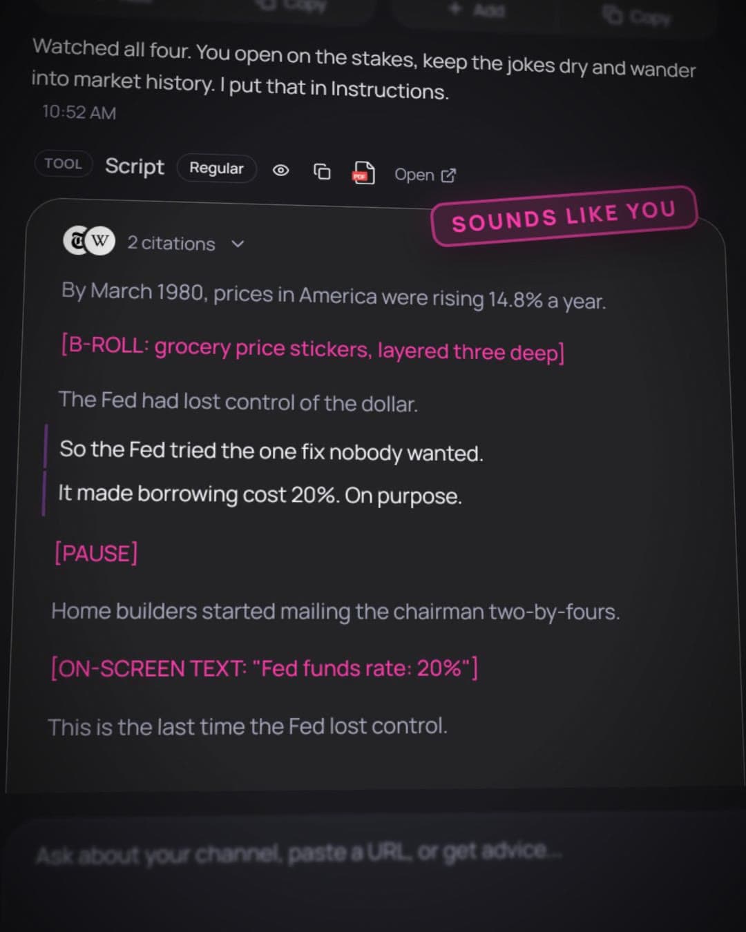 A script in the creator’s voice, with its citations, b-roll and on-screen cues and two rewritten lines, stamped Sounds like you