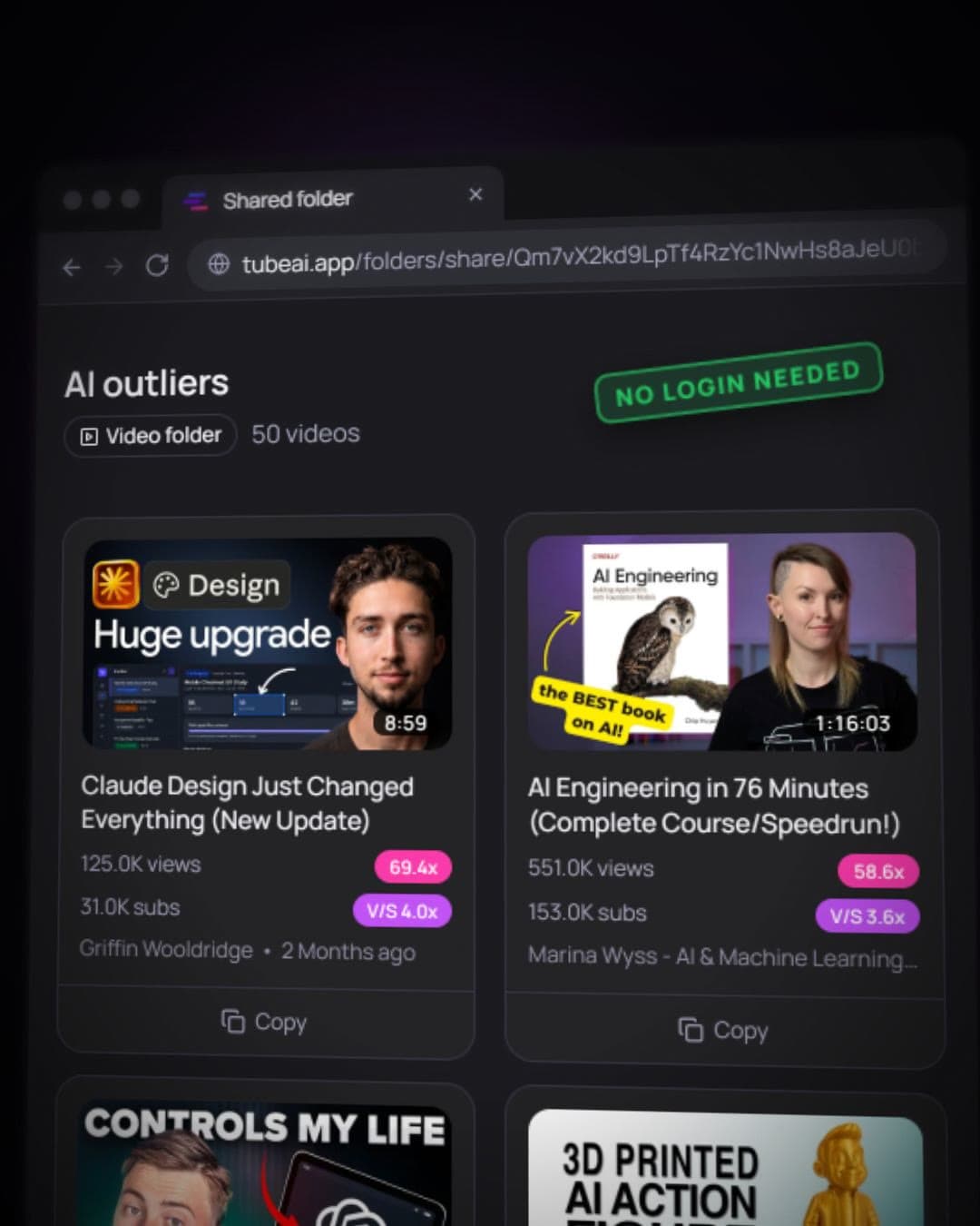 A shared smart folder of AI outliers, 50 videos with their views and multipliers, open to anyone with the link, no login needed