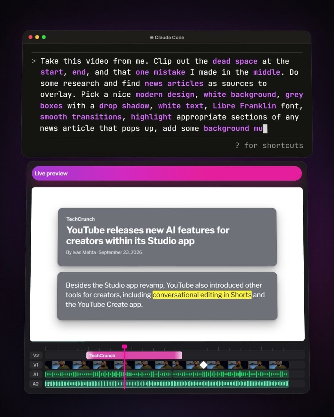 Claude Code taking an edit request in plain words, above the live preview of a news article card and the edit’s timeline